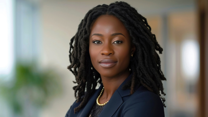 Black woman standing in navy suit with hair in locs How to Command Presence and Project Power in Any Room