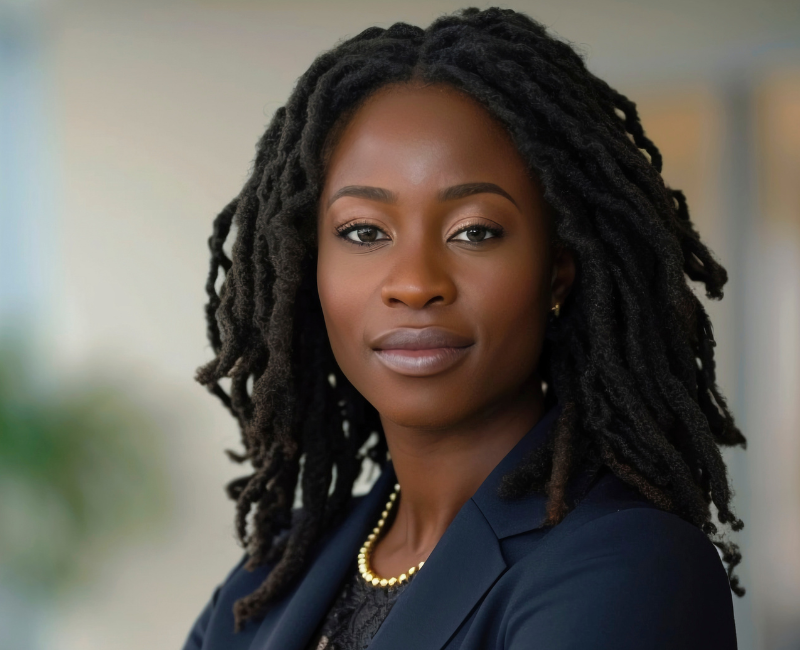 Black woman standing in navy suit with hair in locs How to Command Presence and Project Power in Any Room